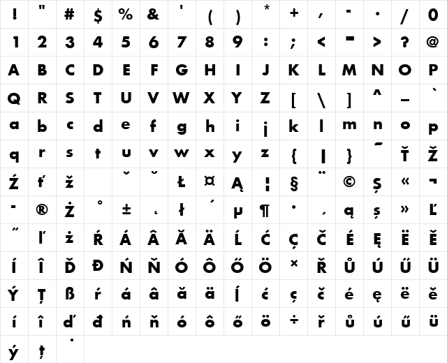 FuturaTEE Bold  glyph index