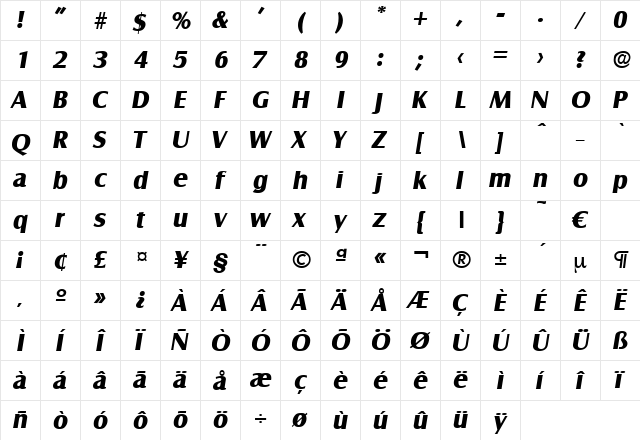 Salzburg-BoldIta Regular  glyph index