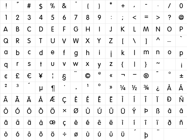 Vag-Light Regular  glyph index