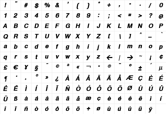 HeldustryFT Black Regular  glyph index