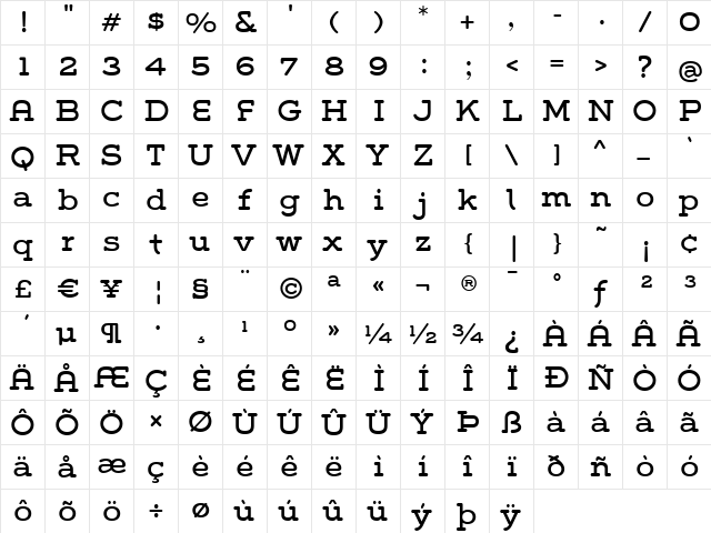 Grover Slab Regular  glyph index