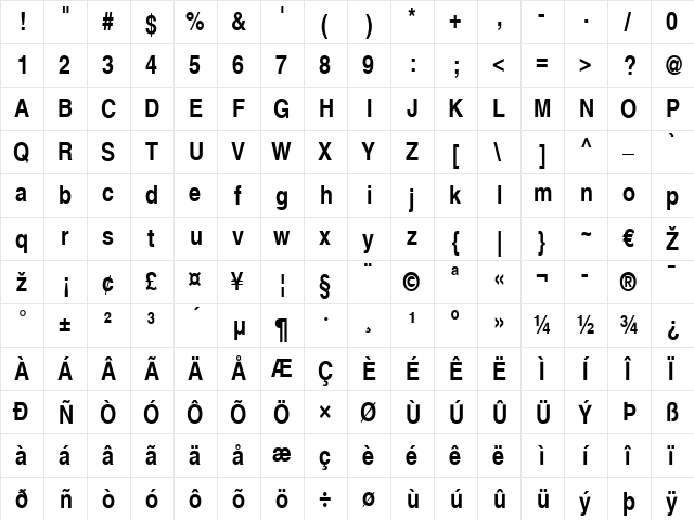 Helvetica LT Narrow Bold  glyph index