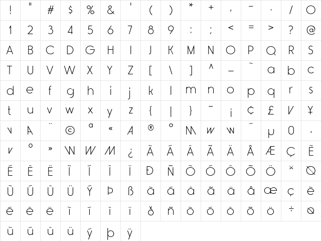 Rimouski Light Regular  glyph index