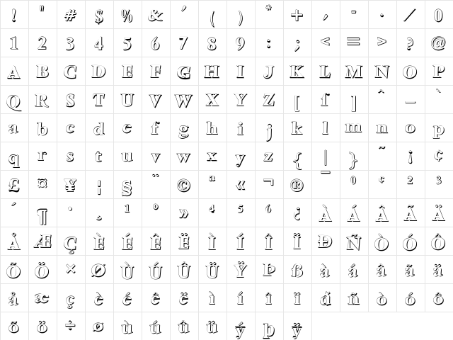 VenturaShadow-Bold Regular  glyph index