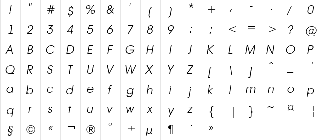 a_AvanteLt LightItalic  glyph index