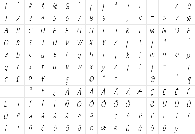 ErosCondensed Italic  glyph index