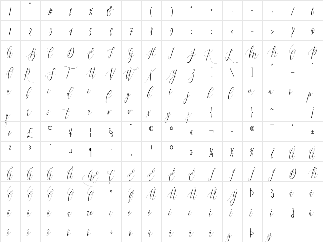 Charlotte Calligraphy Regular  glyph index