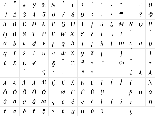 NashvilleRandom Italic  glyph index