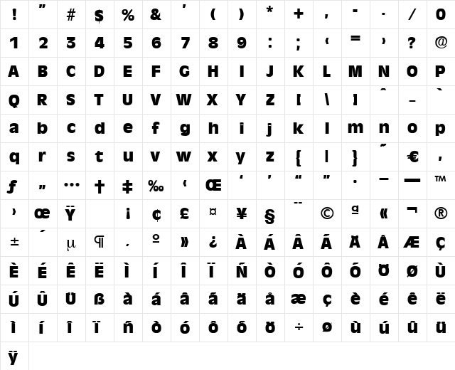 Ravenna-ExtraBold Regular  glyph index