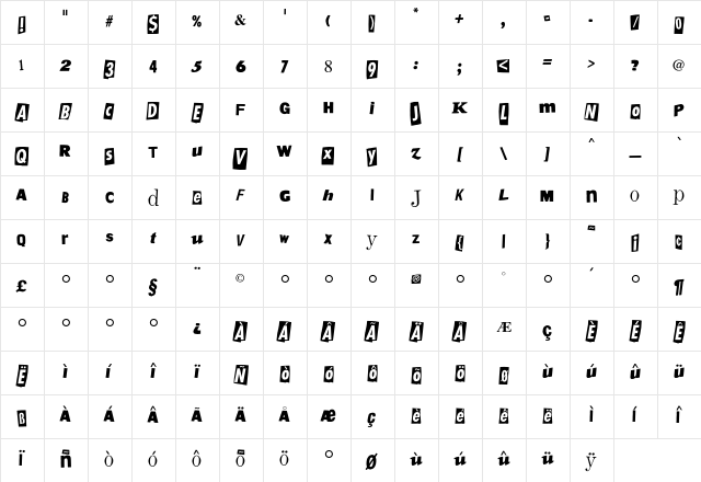 Flyerfonts Vandalism  glyph index