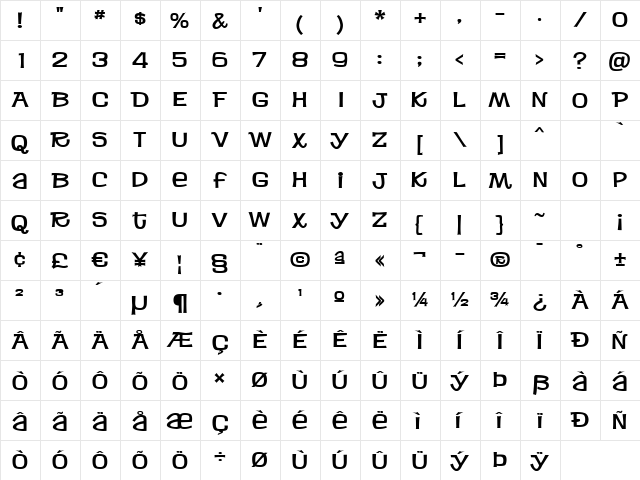 Jacks BV Regular  glyph index