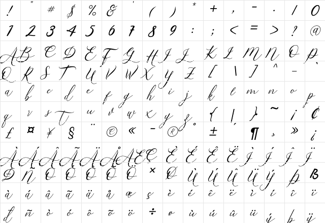 Bintari Italic Regular  glyph index
