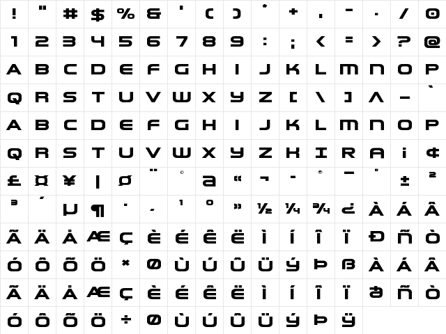 Omega Flight Expanded Regular  glyph index