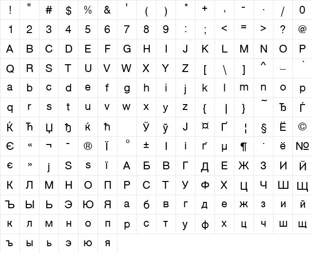 NimbusSanNo5TCY Regular  glyph index