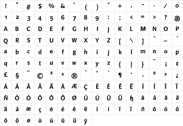BeoSans R12 Bold  glyph index