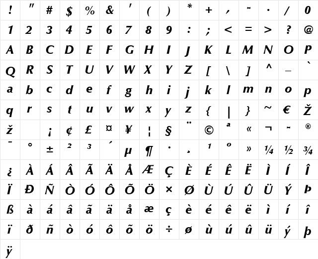 Optima LT Medium Bold Italic  glyph index