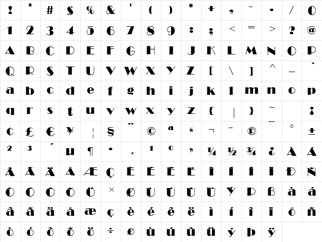 Broadway-Poster Bold  glyph index