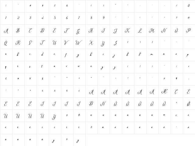 Glossy Regular  glyph index