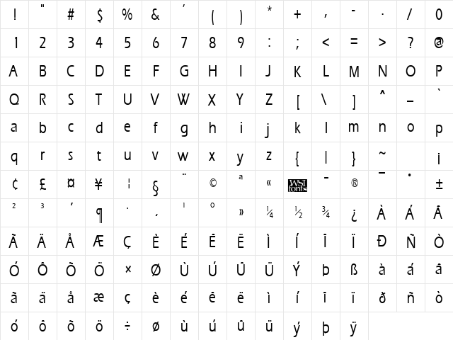 ErgoeMediumCondensed Regular  glyph index