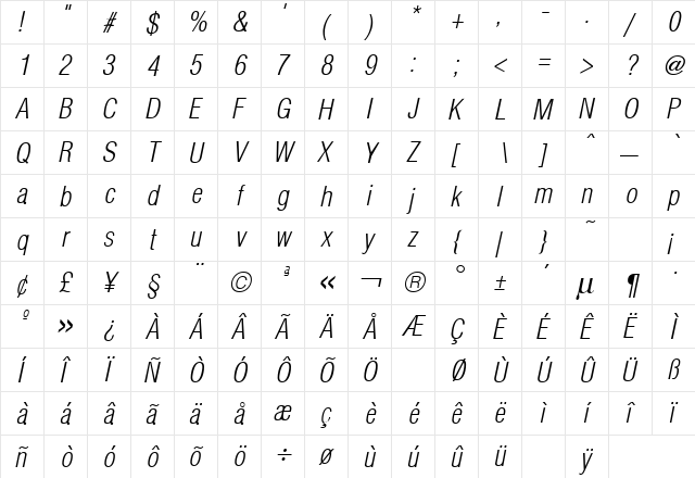 Hallmarke Condensed Light Italic  glyph index