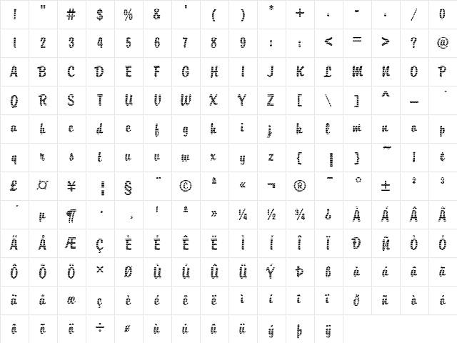 DTC Brody M17 Regular  glyph index