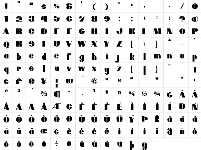 Moxie R  glyph index