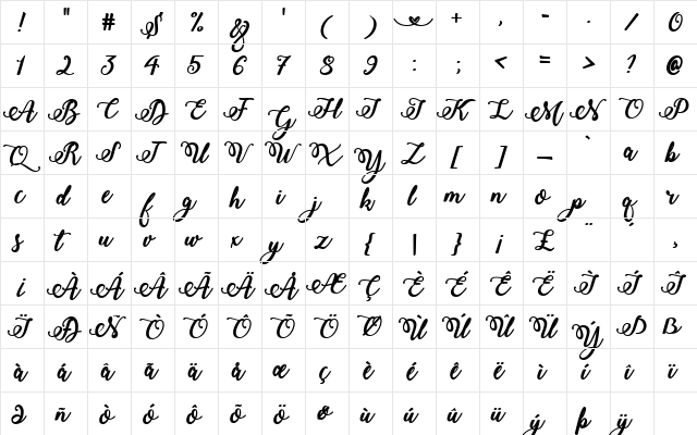 Bold  Stylish Calligraphy Regular  glyph index