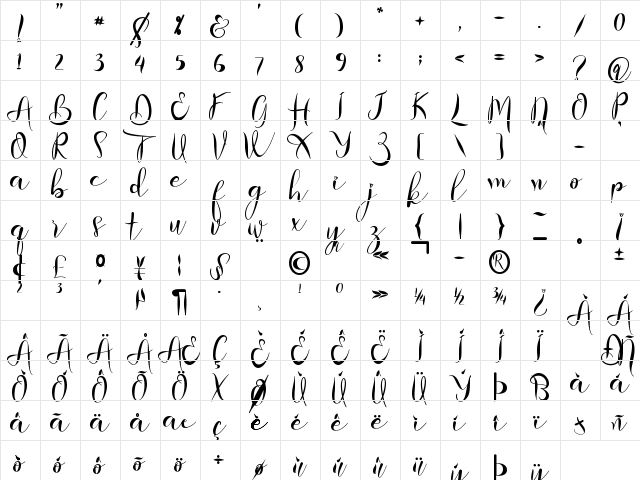 Berthessa Regular  glyph index