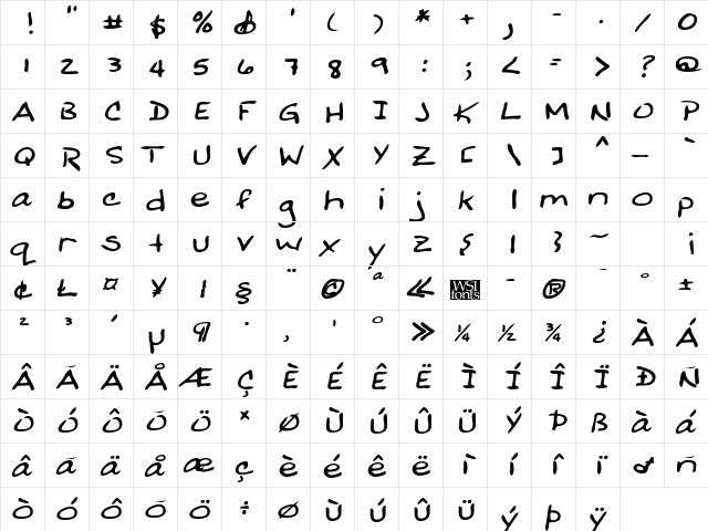 BobbiesHand Bold Italic  glyph index