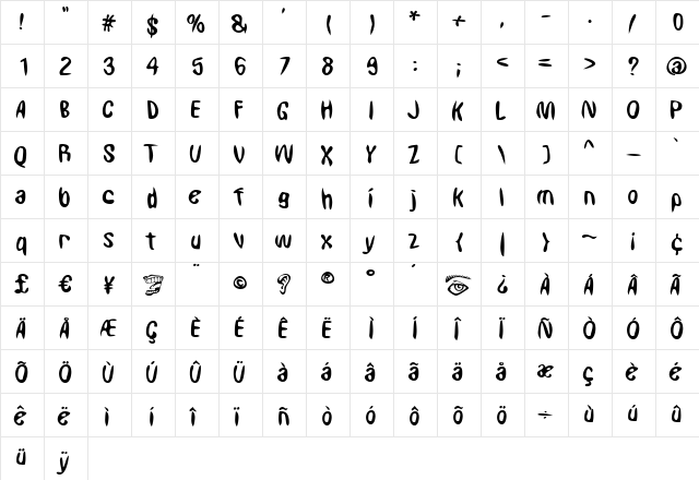 Squidly Bold  glyph index