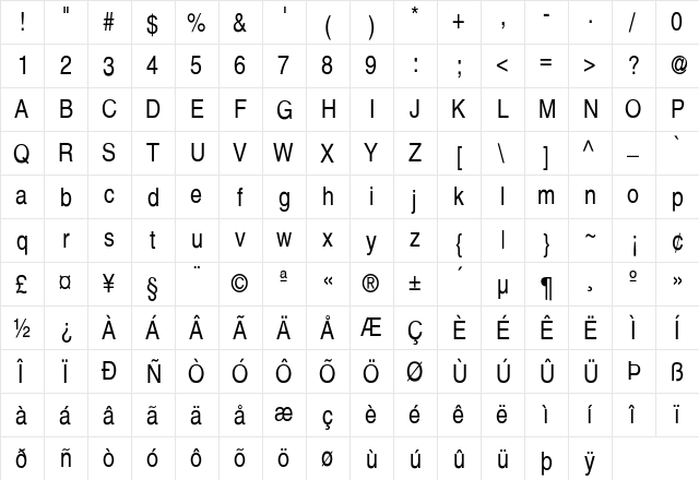 Dixon-Narrow Regular  glyph index