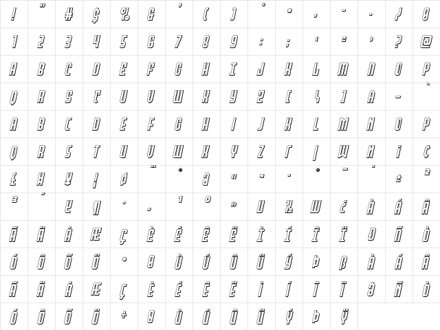 Peace & Houston 3D Italic Regular  glyph index