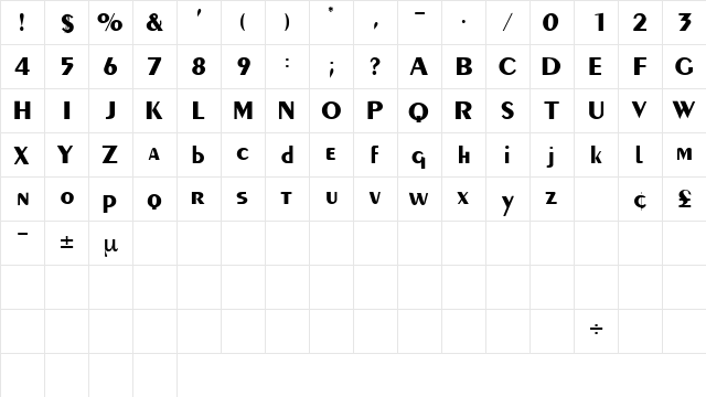 PaquetteDisplaySSK Regular  glyph index