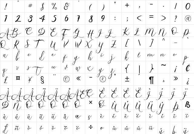 Bintari Regular  glyph index