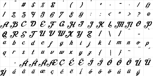 Aisha Script Regular  glyph index