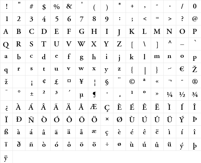 AGaramond LT Bold  glyph index