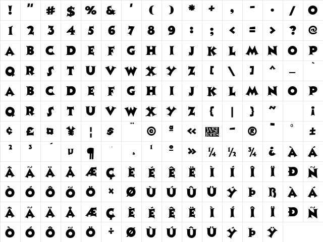 Coaster Regular  glyph index