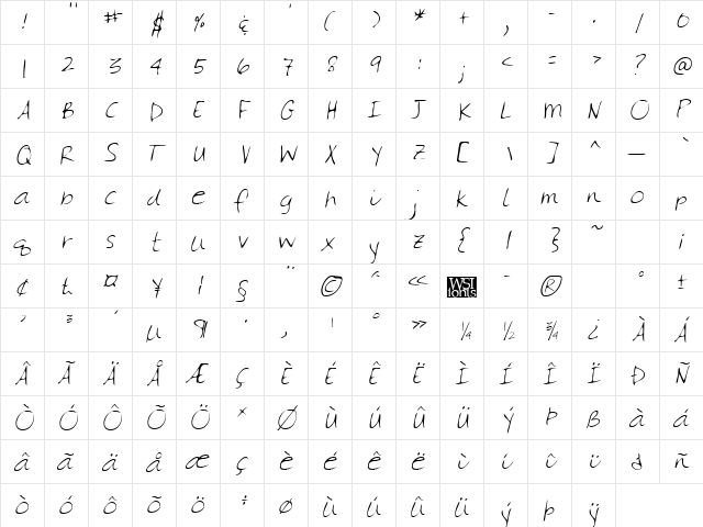 GinasHand Italic  glyph index