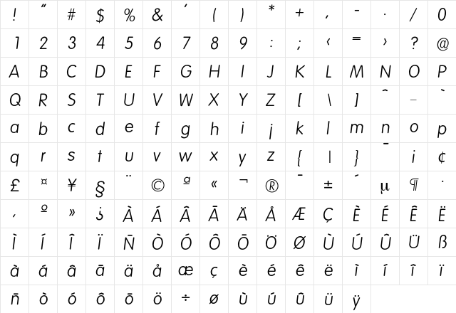 Volkswagen-LightIta Regular  glyph index