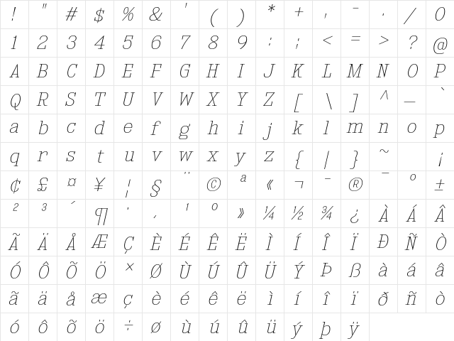 Kingsbridge UltraLight Italic  glyph index