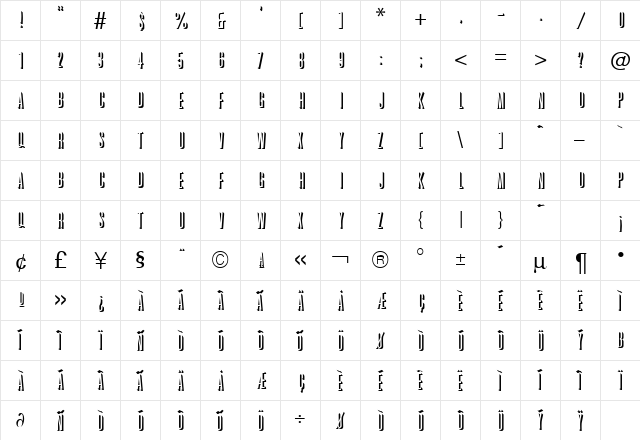 GraphiteShadow Regular  glyph index