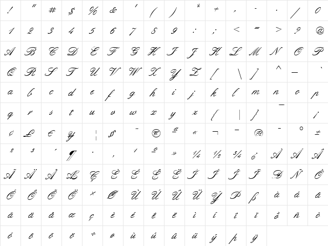 ElegantScript Normal  glyph index