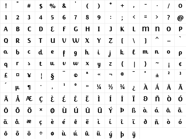 JackieBold Bold  glyph index