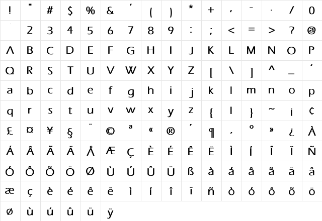 Eras Bold  glyph index