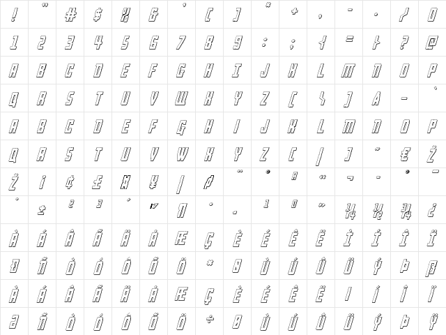 Rockledge 3D Italic Italic  glyph index
