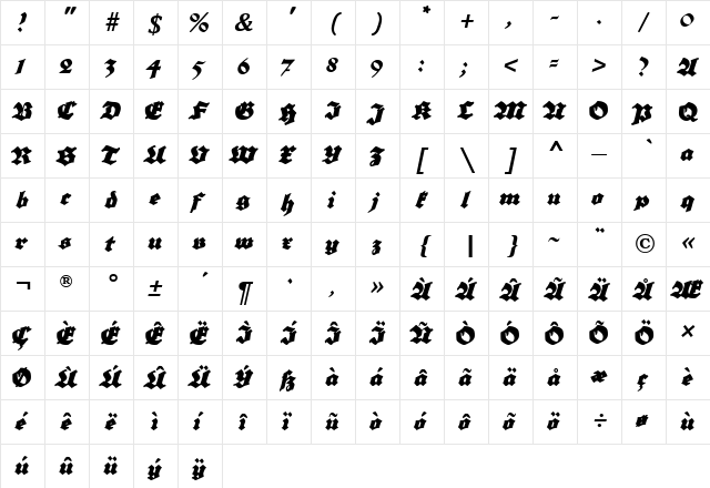 Grobe Plakat Fraktur Regular  glyph index