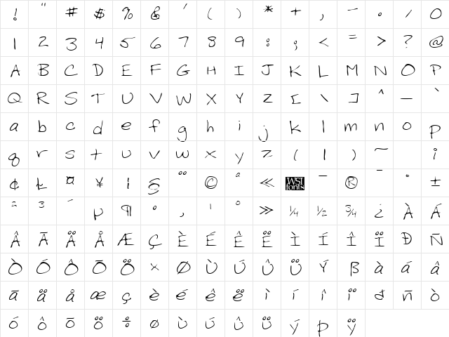 MiriamsHand Regular  glyph index