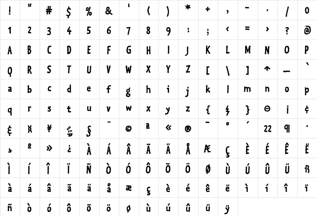 Kosmik-BoldTwo Regular  glyph index