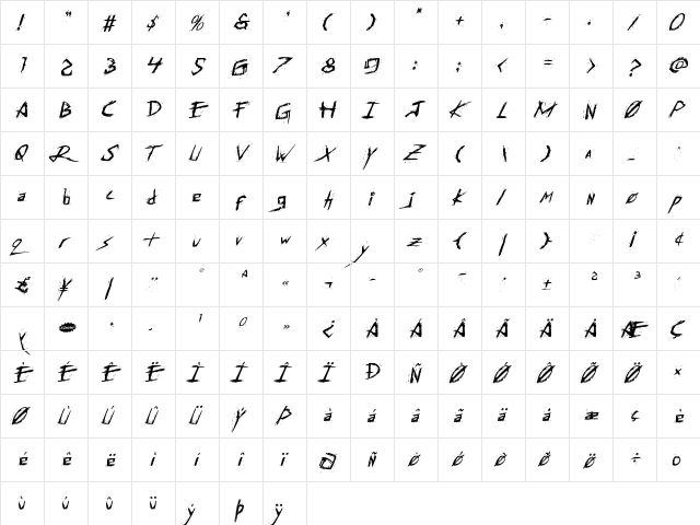 Assassin Nation Italic Italic  glyph index