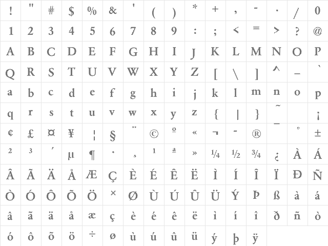 DTCGaramondM04 Regular  glyph index
